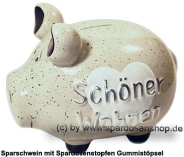 Preview: Sparschwein „Schöner Wohnen“ – Mittelgroßes KCG 3D-Dekor aus Keramik in Grau-Weiß Maße ca.: L= 17 cm